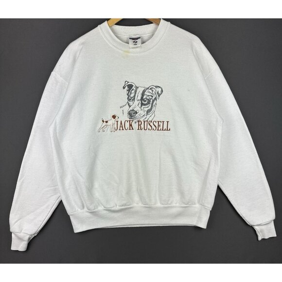 Vintage 90s Jack Russell Dog Animal Pet Art White Crewneck Large - Picture 1 of 16